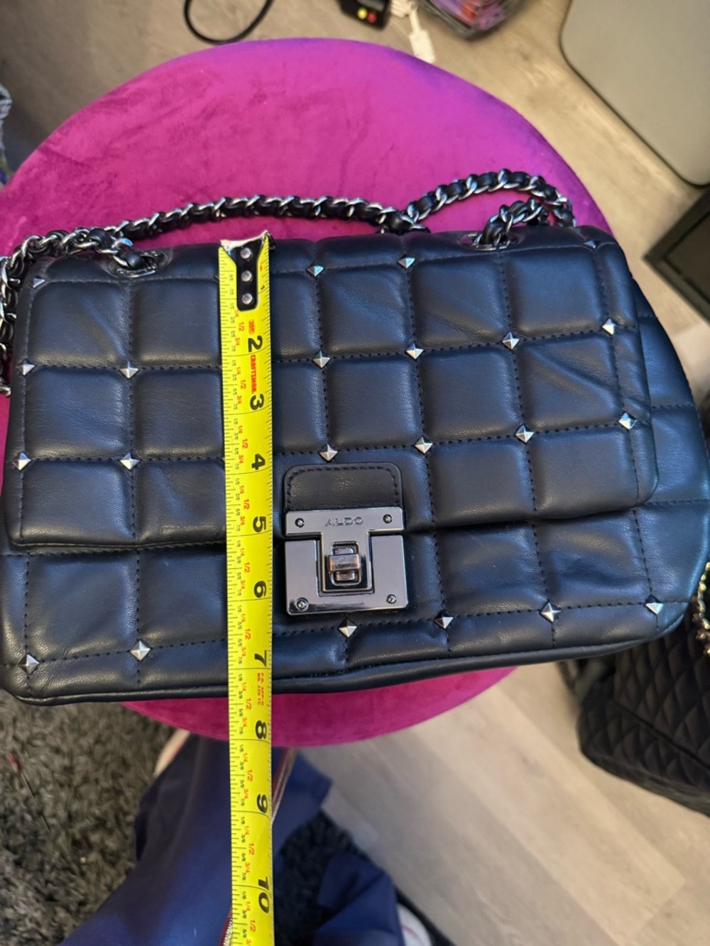 Aldo Black Quilted Studded Chain Shoulder Bag - Picture 7 of 10
